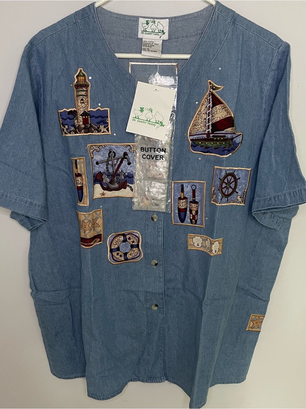 Quacker Factory Blue Denim Nautical Patch Embroidered Button Down Covers